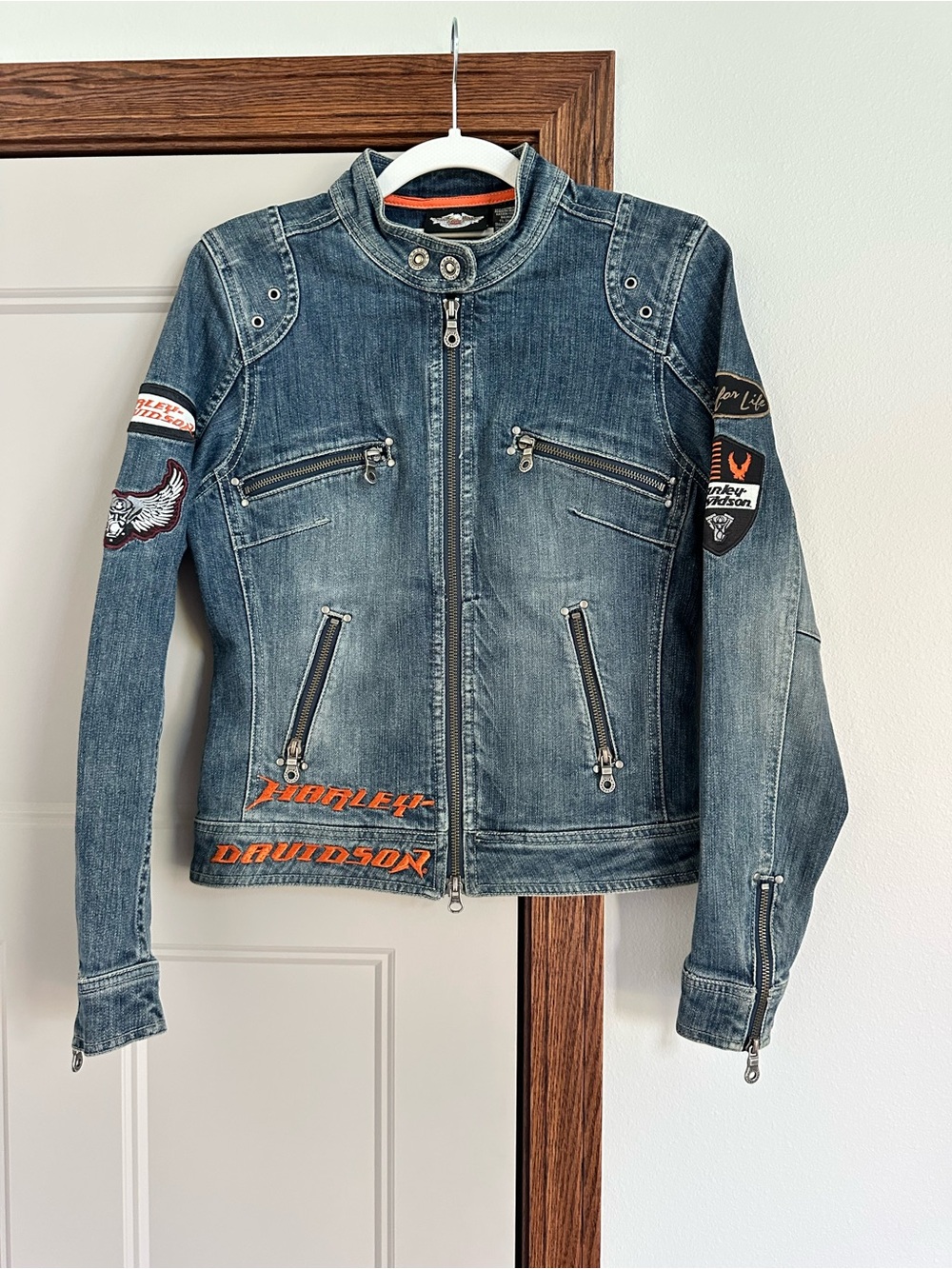 Vintage Women’s Harley Davidson patch Stretch Denim Motorcycle Coat Size XS